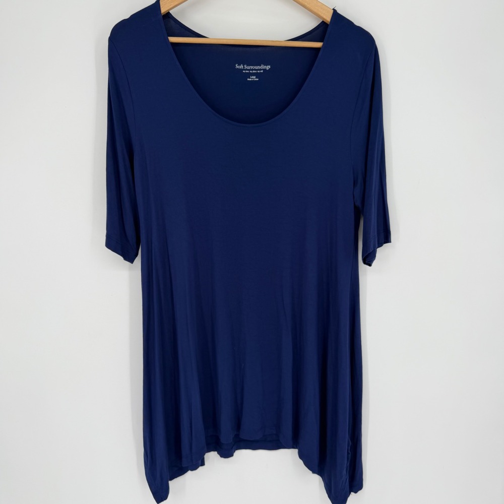 Soft Surroundings Tunic Large Navy Blue Scoop Neck Shark Bit Hem 3/4 Sleeve
